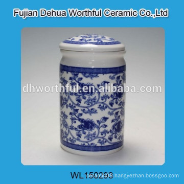 Elegant ceramic sugar canister with blue and white